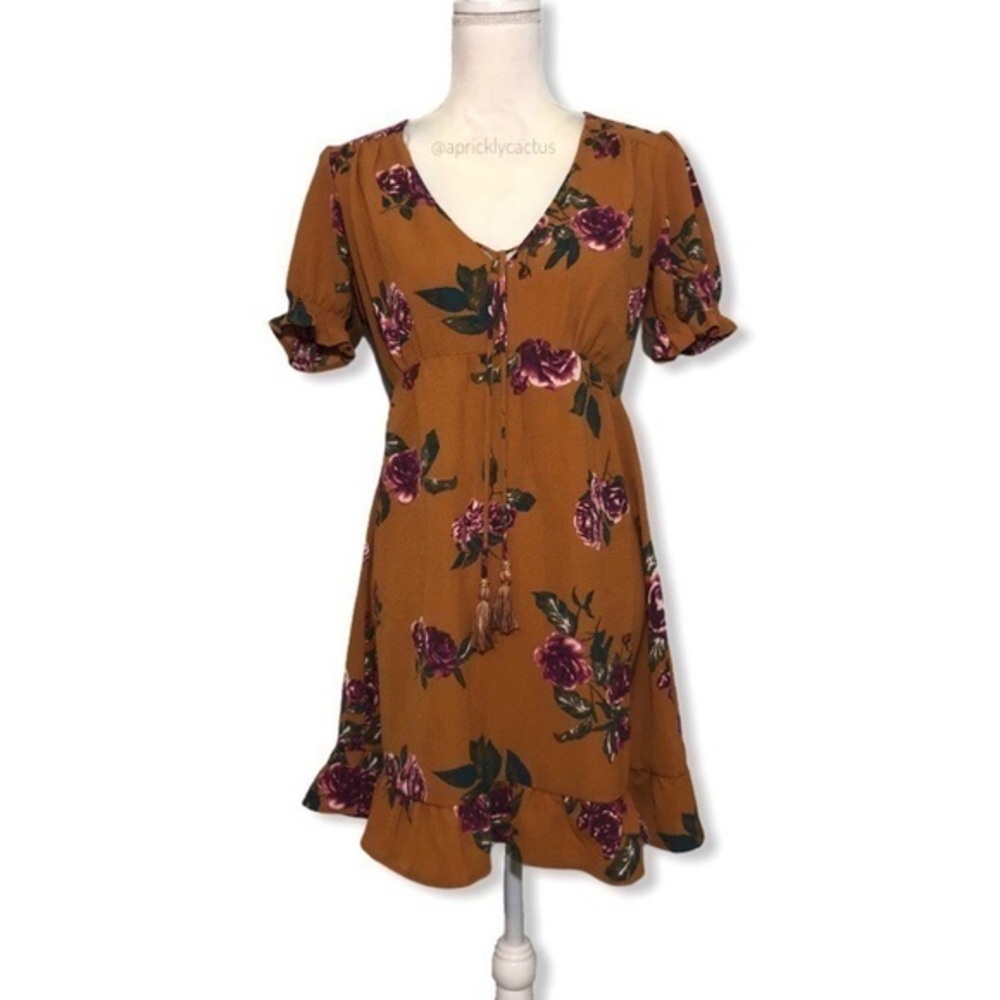 CLEARANCE Mustard Gold Yellow Floral Ruffle Mini Dress New